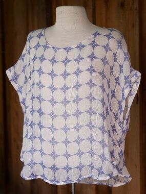 TU 100% Linen Blue & White Geometric Pattern Oversized Summer Blouse Woman's M